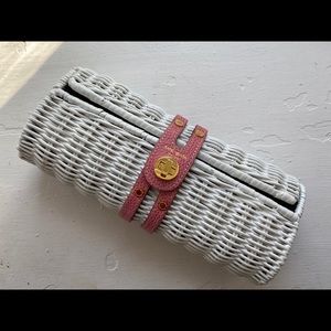 Kate Spade white wicker barrel clutch
